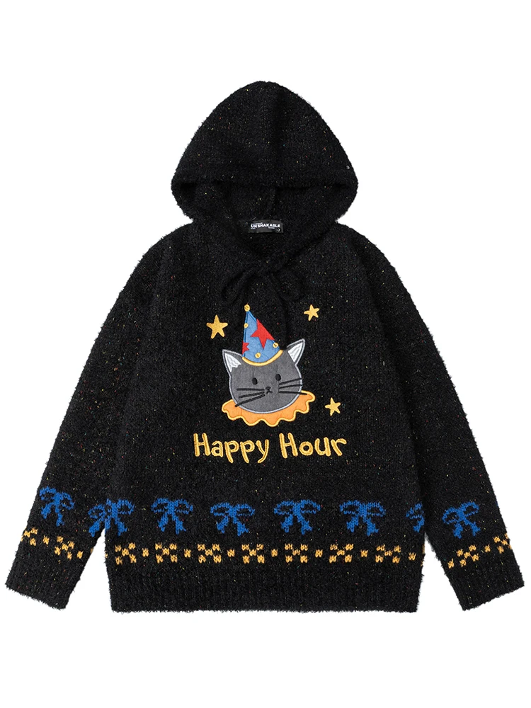 2025 Autumn Winter New Unisex Cute Cartoon Cat Letter Bow Embroidered Black Apricot Loose Casual Hooded Sweater