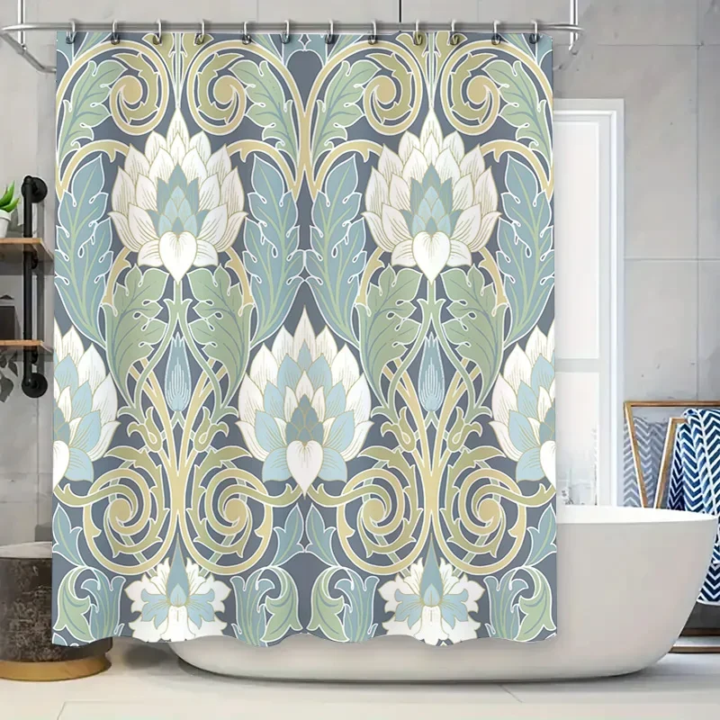

Винтажная занавеска для душа с цветочным принтом, водонепроницаемая тканевая занавеска для ванной комнаты, домашний декор, синий, зеленый, белый цвет, потертый шикарный стиль