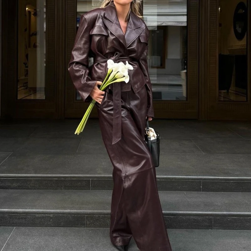 

2025 Spring and Autumn Retro Leather Coat High Waist Leather Pants Commuting Style Women's Fashion Suit
