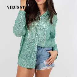 Lady High Street Long Sleeve Loose Blouse Women Glitter Pocket Top Clothing Spring Fashion Sequins Turn-Down Collar Casual Shirt