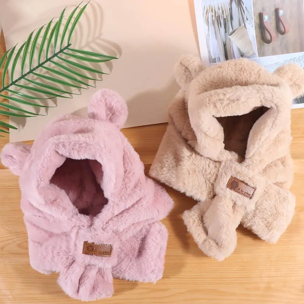 

Cute Winter Baby Bear Plush Hat Soft Warm Faux Fur One-Piece Hat Scarf Windproof Outdoor Ear Protection Hats Boy Girls