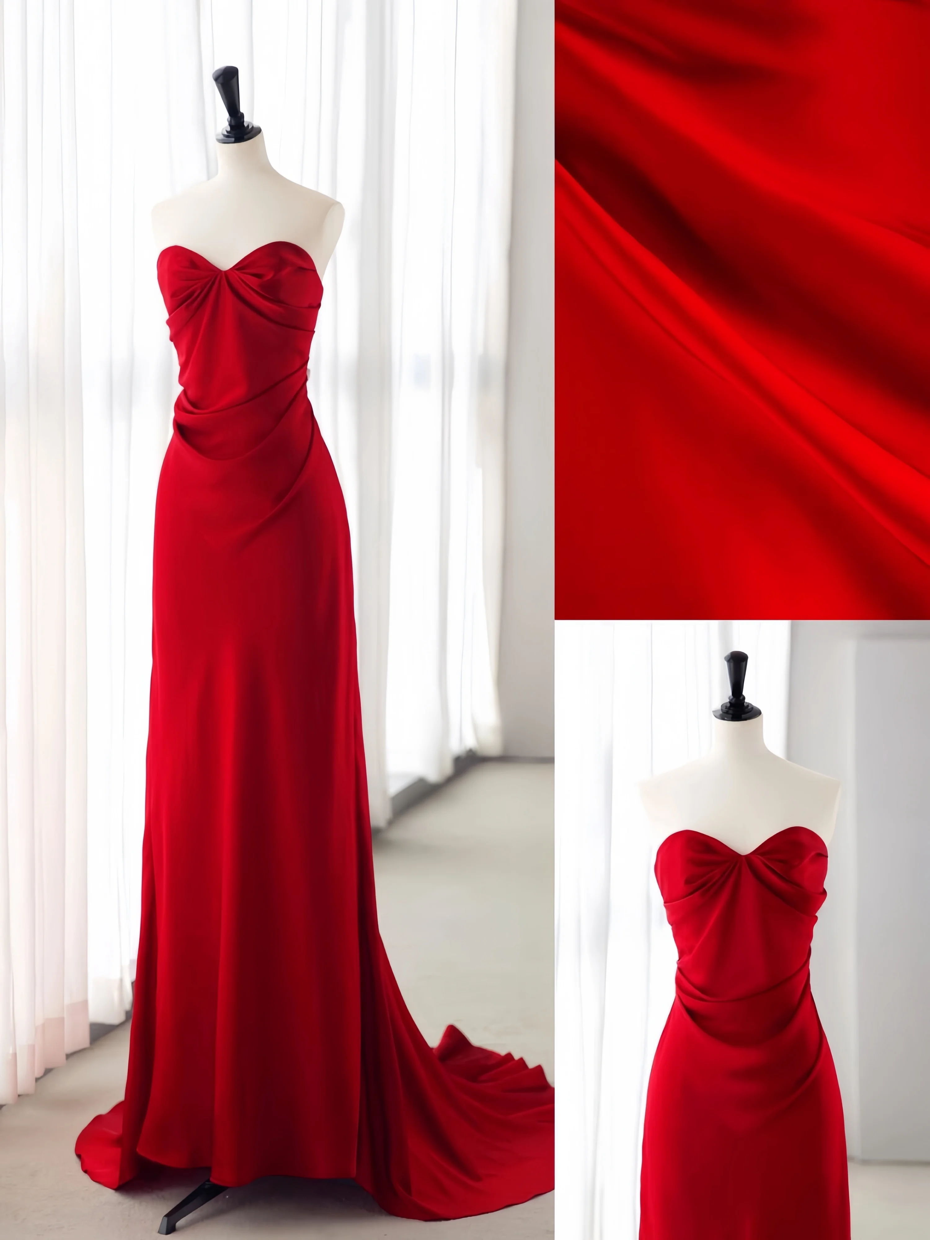 Elegant Red Prom Gown Satin Draped Pleated Sweetheart Strapless Sleeveless Slim Mopping Mermaid Formal Occasion Evening Dress