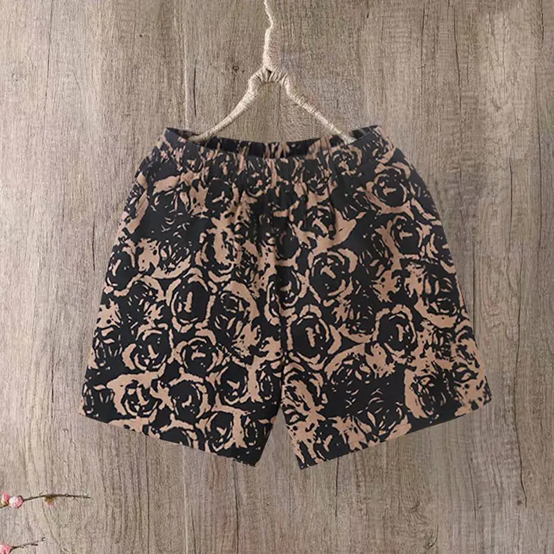 Women Summer Vintage Cotton and Linen Casual Large Size Printing High Waist Wide Leg Ladies Fashion Printing Appear Thin Shorts