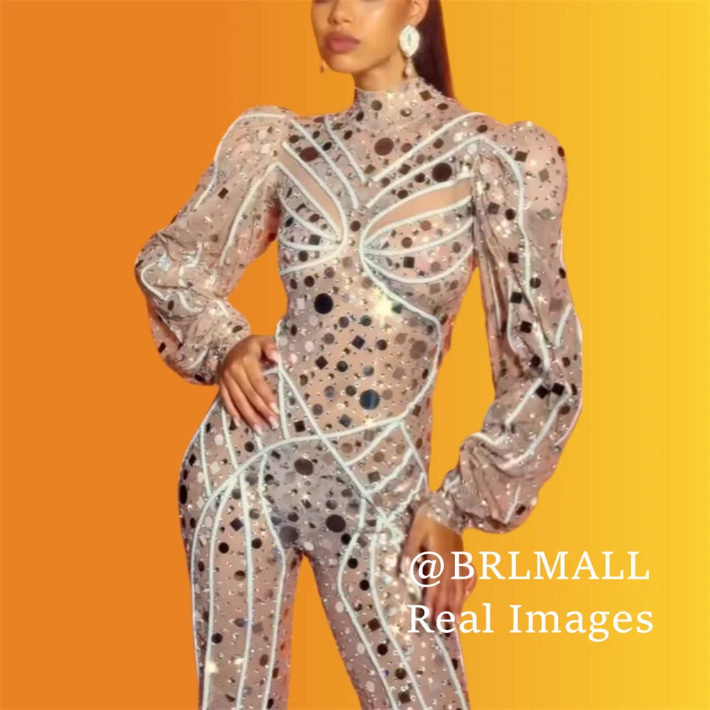 

Sexy Illusion Party Gowns for Women, High Neck Long Sleeves Seuqined Evening Dresses, Jumpsuit Real Images Women's Prom Gowns