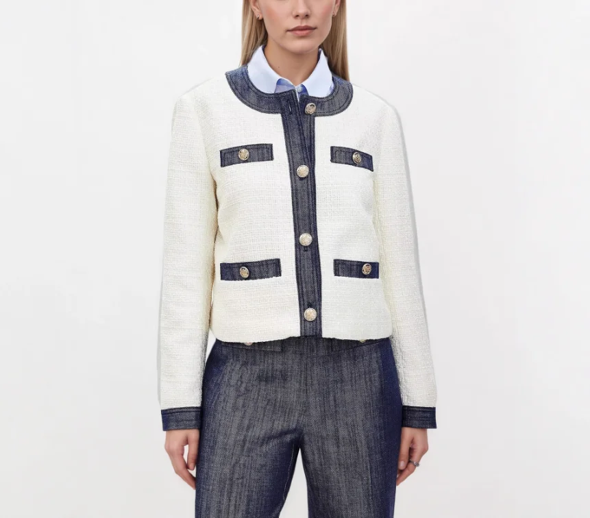 

Fashionable Contrasting Color Splicing Round Neck Button Front Jacket for Women, Elegant Small Fragrance Slim Fit Jacket