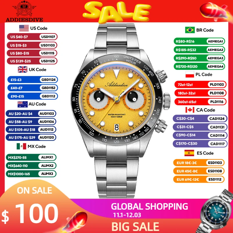 ADDIESDIVE Watch Men Ceamic Bezel VK64 Quartz Wristwatch New Luxury Chronograph BGW9 Luminous Diving 100m Waterproof Watch D2557