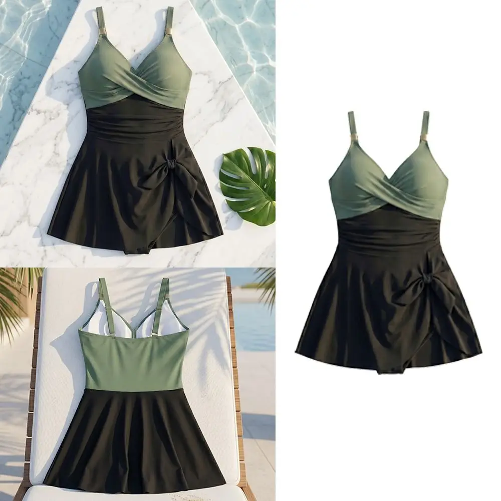 Sweet Slim Fit Women's Swimming Suit Sleeveless V-Neck Summer Swimwear Pleated Beachwear Clothing Bathing Suit Beach