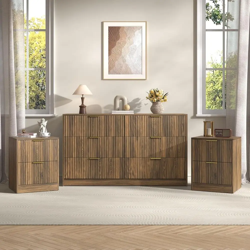 

3-Piece ern Bedroom urniture Set, Wide 6-Der Drer & 2-Der Nightstands Set o 2, Natural Wood Drer and Nightstand Sets or Bedroom,