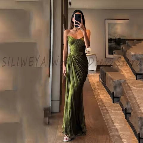 New Arrival Women Green Mermaid Wedding Dress Strapless Sleeveless Prom Gowns Pleated Skirt Formal Long Evening Dresses
