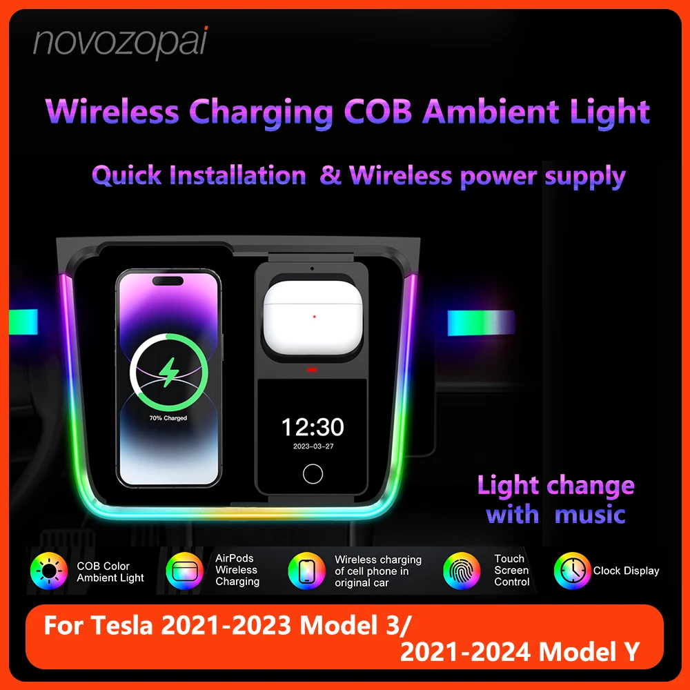 Novazopai Tesla Wireless Charging COB Ambient Light No Disassembly For Tesla 2021-2023 Model 3 & 2021-2024 Model Y