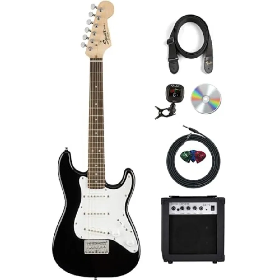 

' 3/4-size mini Strat electric guitar bundle for learning: black finish, alder body, maple neck, with amp, cable, tuner, strap,