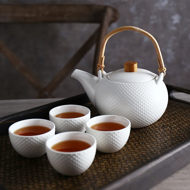 5pcs Home Ceramic Tea Set Matte Glazed Tea Pot and Four Cups Surface Raised Wave Points Simple Style Chinese Tea Ceremony