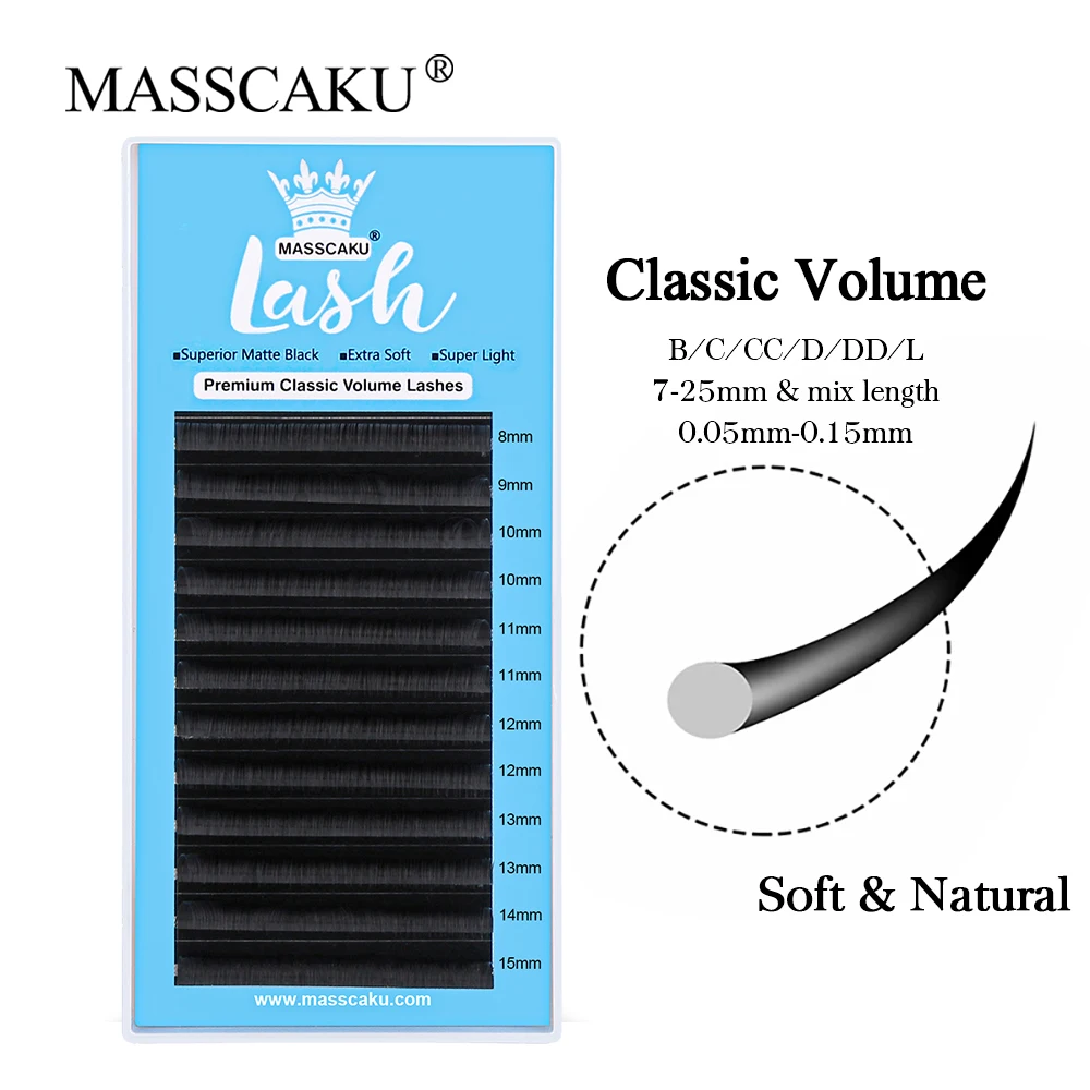 

MASSCAKU High Quality 12 Rows C D Curl 8-20mm&Mixed Individual Premium Faux Mink Matte Black Classic Volume Eyelashes Extensions