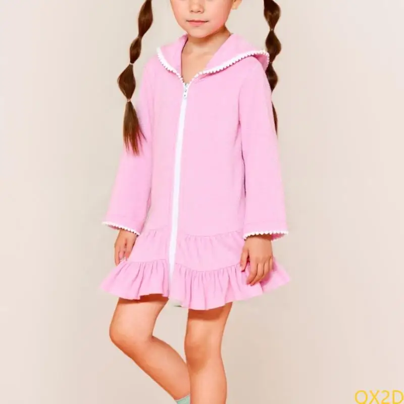 Girls Cosy Beach Wear Zippered Cover Up Long Sleeve Swim Dress For Outdoor Play