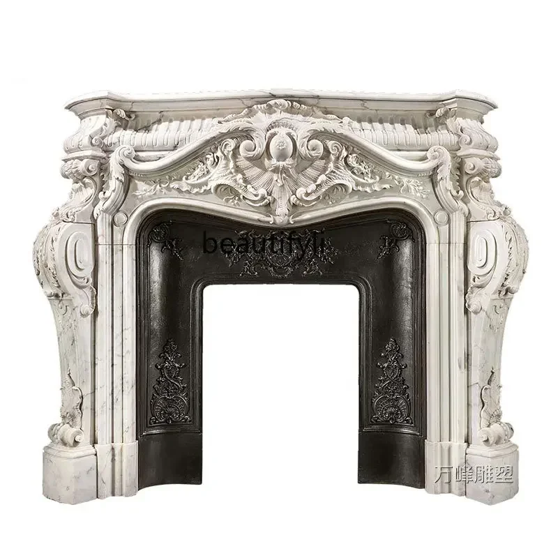 CQYMarble Fireplace French Living Room Stone Fireplace Decorative Cabinet White Marble Stone Carving Fireplace decoration