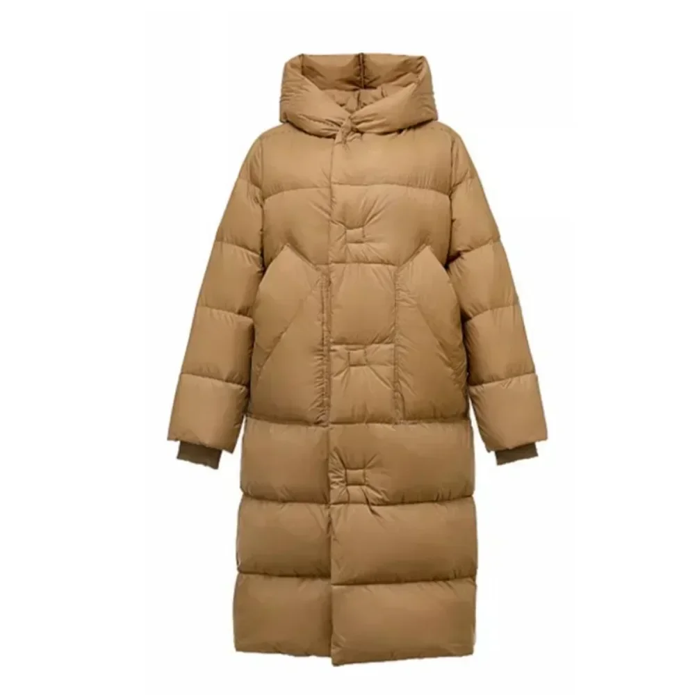Mujer invierno nueva moda Puffer fajas con capucha de gran tamaño amarre por encima de la rodilla abrigo chaqueta de plumón de pato blanco sólido grueso cálido Mujer