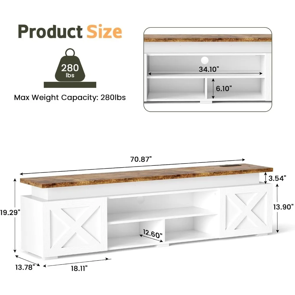Farmhouse TV-Stand for 80" TVs - Modern Entertainment Center with Led Light and Power Outlet, TV Cabinet with Adjustable Shelf