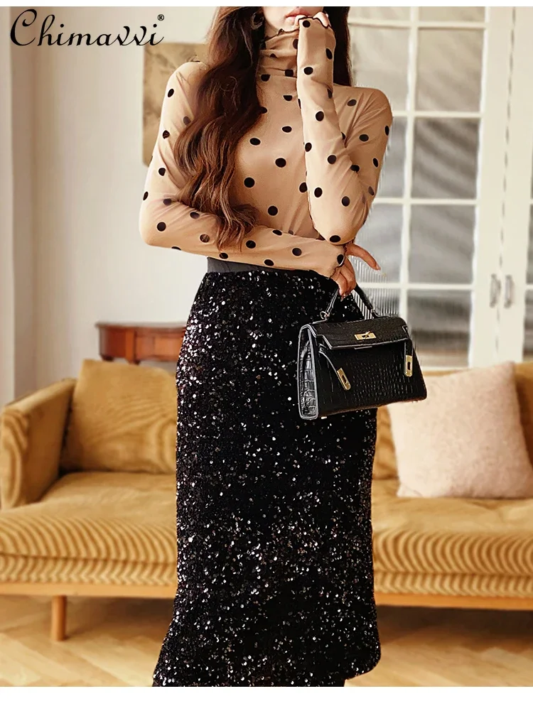 French Elegance Temperament Commuter Black Skirts Sequined Elastic High Waist Slim Fit Split All-macthed Long Skirt Women Autumn