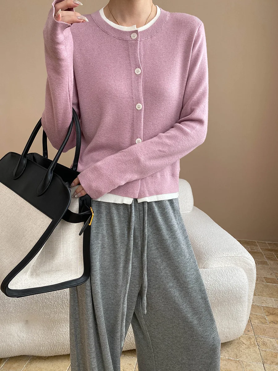 Primavera feminino casual cor sólida em torno do pescoço manga comprida falso duas peças solto cardigan camisola