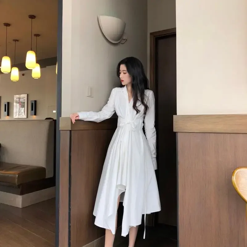 

Hi Girl New Asymmetric Long Dress White Long Sleeve Cross V neck Sashes Vestido Elegant Slim Blouse Dresses Vestidos