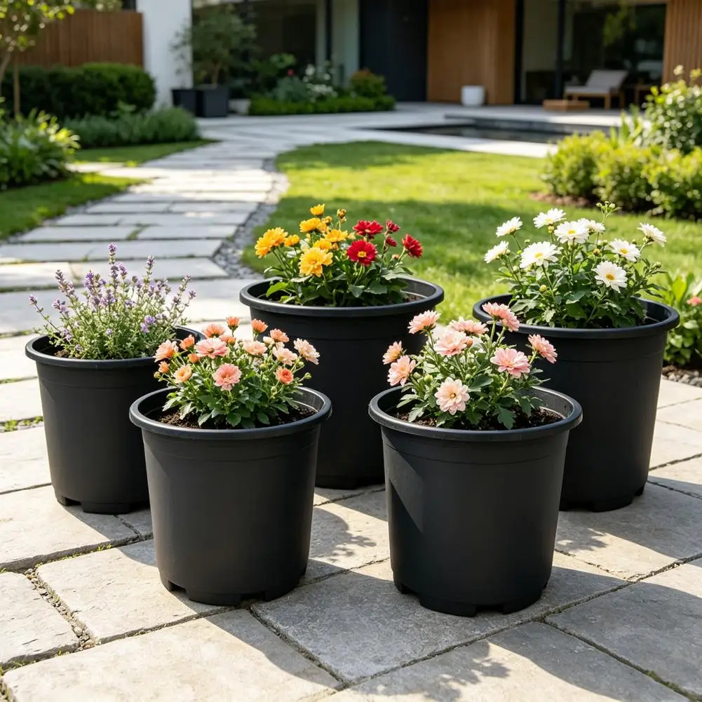 Black Taper Planter Plastic Flower Pots with Drainage Holes and Reinforced Rim Indoor Outdoor Growing Nursery Greenhouse