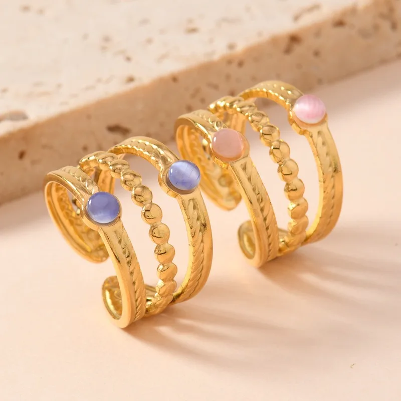

10pcs 18K Gold Stainless Steel Ring Royal Jewelry Green Red Pink Green Purple Gemstone Adjustable Vintage Boho Rings for Women