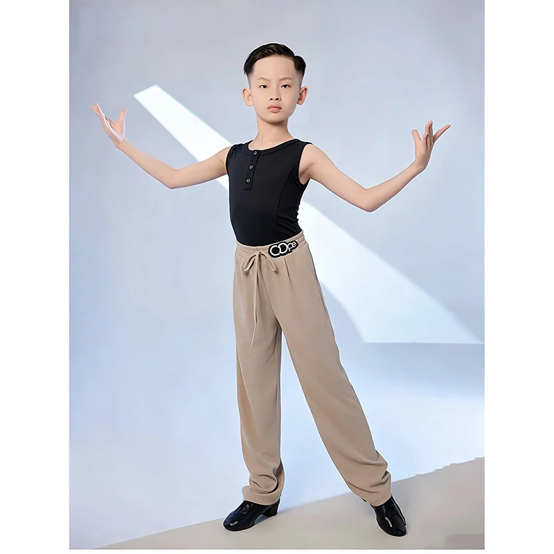 

2026 Children Latin Dance Performance Costumes For Boys Black Vest Khaki Straight Leg Pants Suit Samba Chacha Latin Wear XH4789