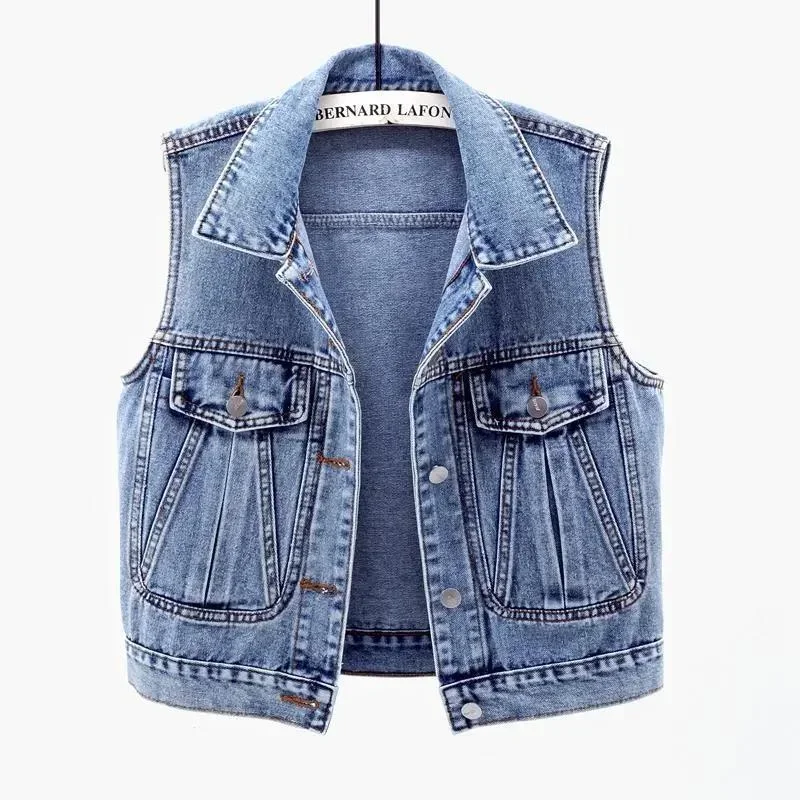 

2023-REWQ Spring and Autumn New Pleated Large Pocket Denim Closing Women's Short Vest Women Waistcoat Jacket Slimming Wear Top