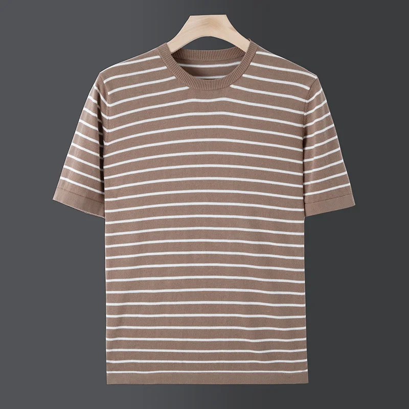 

New men's striped O-neck short-sleeved T-shirt thin casual loose trend wool plus size sweater