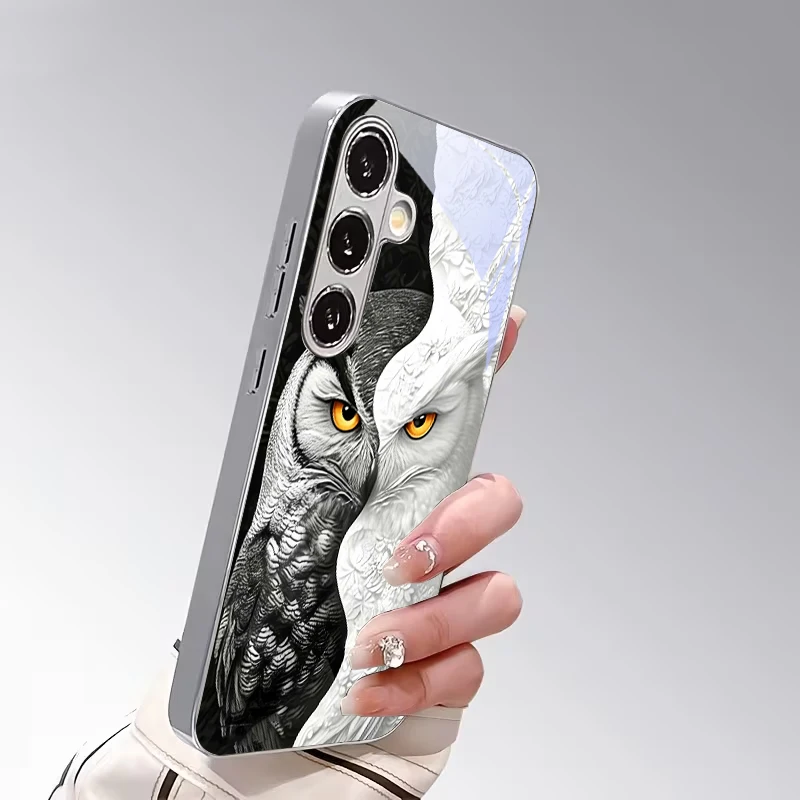 Contrast Black‑White Owl Electroplated Silver Phone Case For Samsung S24 S21 S20 Ultra S22 FE S23 Plus S25 S26 Note 10 20 Cover
