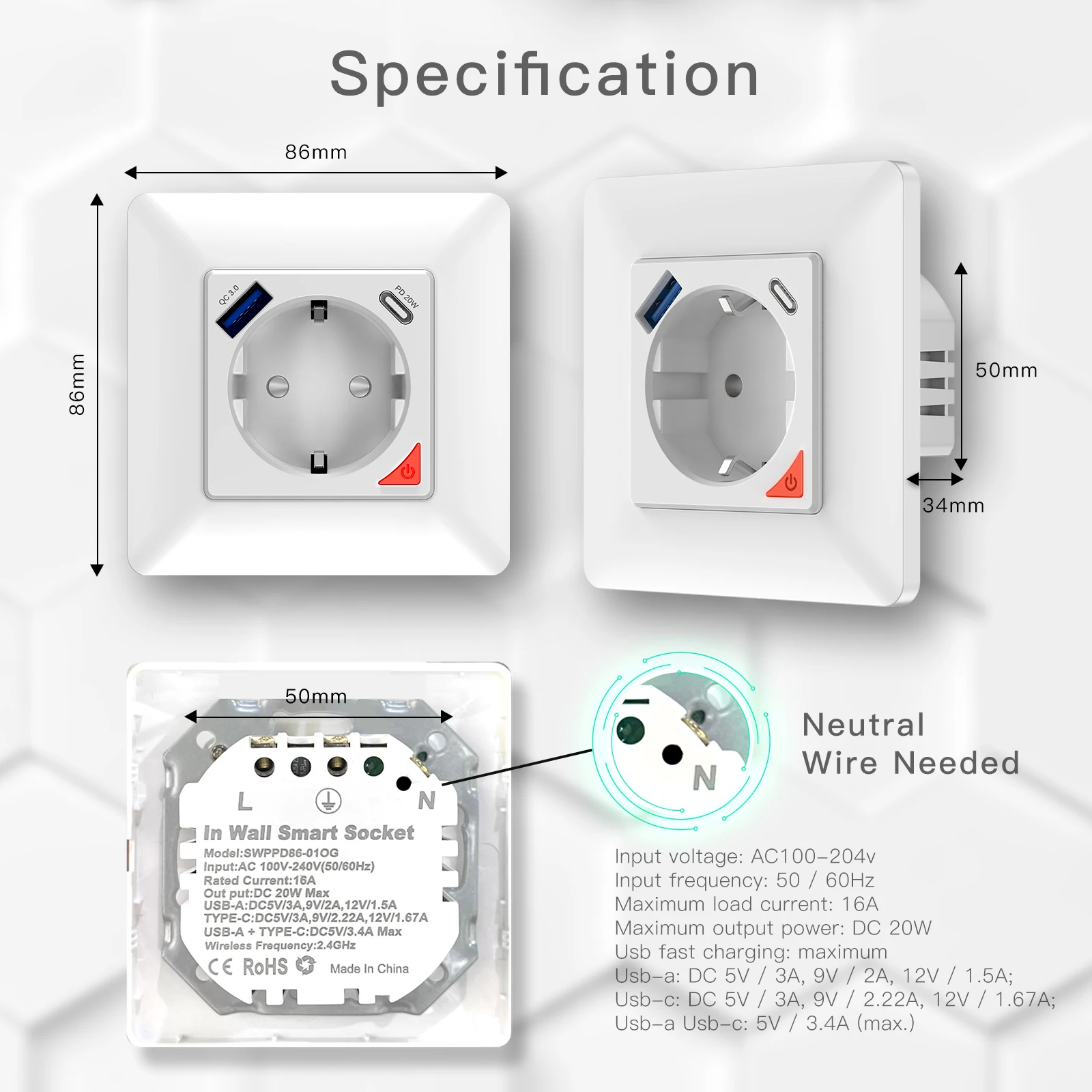Stopkontak Pintar Dinding Tuya Smart Home EU 16A Gaya Modern dengan Port USB Tipe C yang Aman, Kontrol Suara Alexa, Stopkontak Wifi