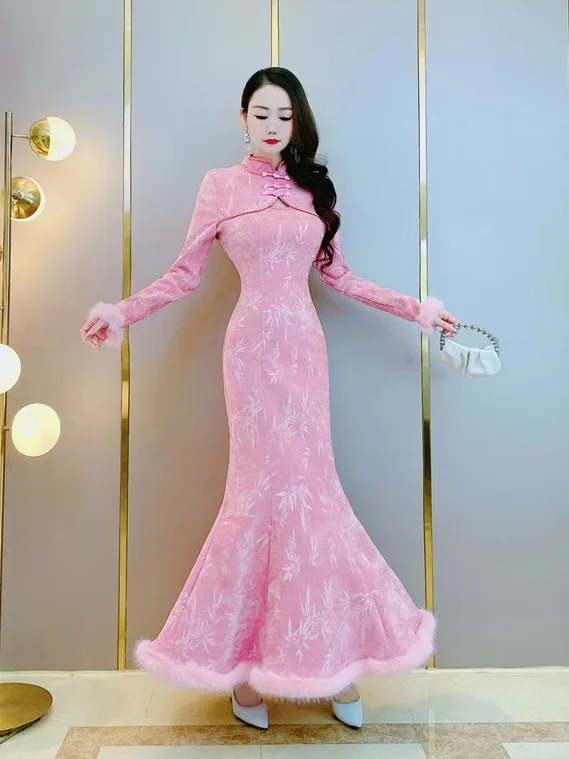 

Ele Thiened Fce Slimming Fi Tail Qipao Dr Stand Collar Long Sve Floral Patterned Daily Wear for Women