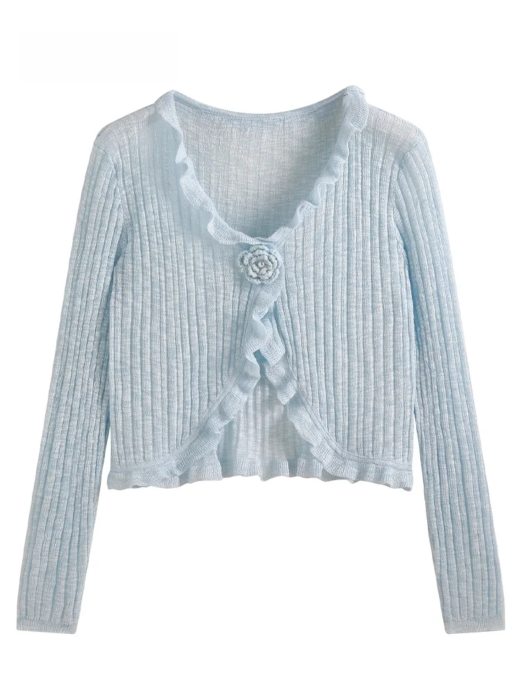 

JZZDEMM Vintage Sle V-Ne Knitted Cardigan Women's Slim Fit ort Length Floral Trim Button up Sweater Trendy Commute Wear