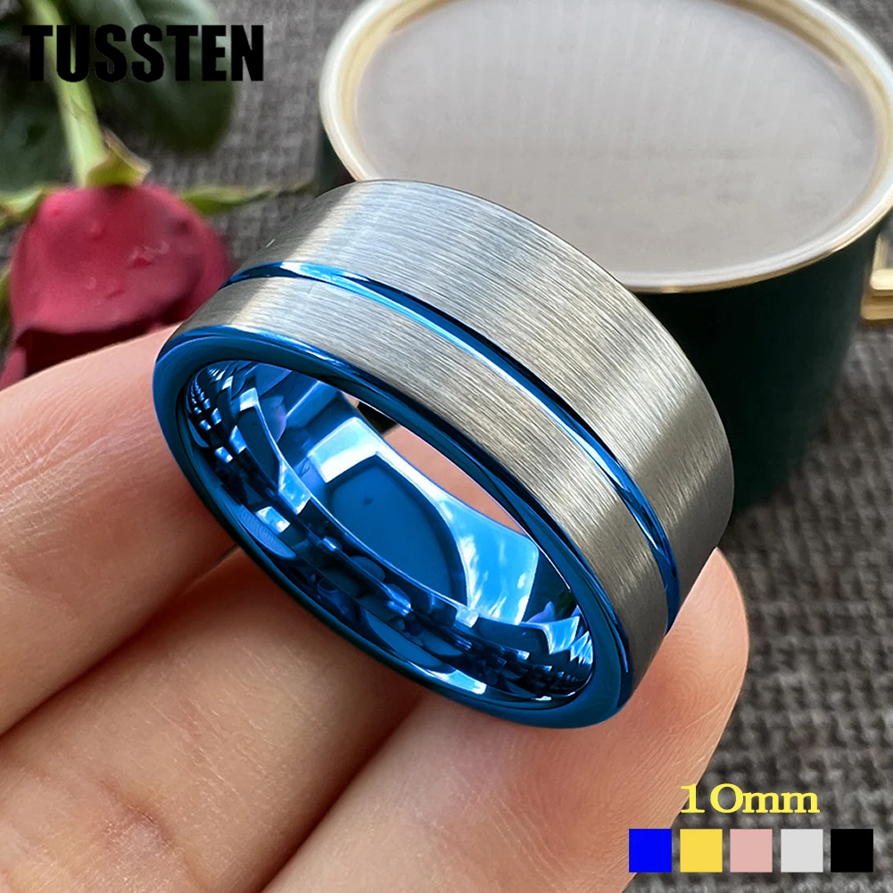 Dropshipping TUSSTEN 10MM Mens Tungsten Wedding Flat Band Ring Offset Groove Comfort Fit Multiple Colors Available