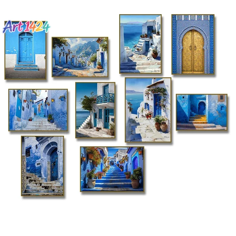 1pc frameless canvas painting Greek Island Architecture  Morocco Blue Door Street Poster Canvas Painting Print Wall Picture f