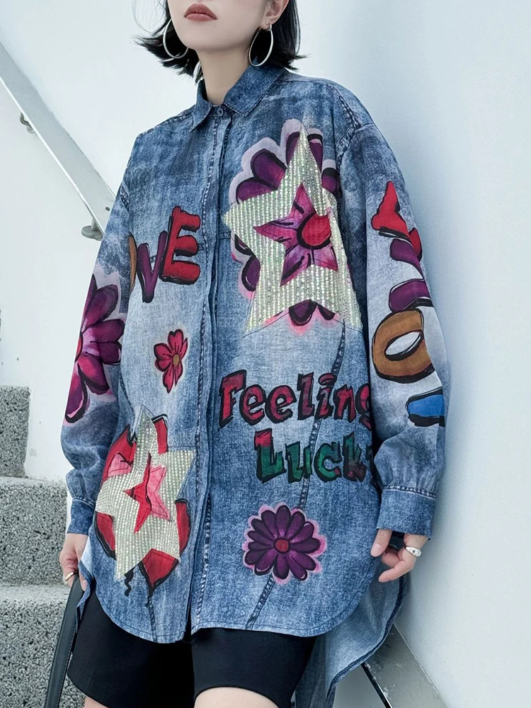 YERMORA Blue Tie-dye Printing Splice Sequins Big Sie Blouse For Women Lapel Long Sleeve Loose New Shirt Spring Summer 2025