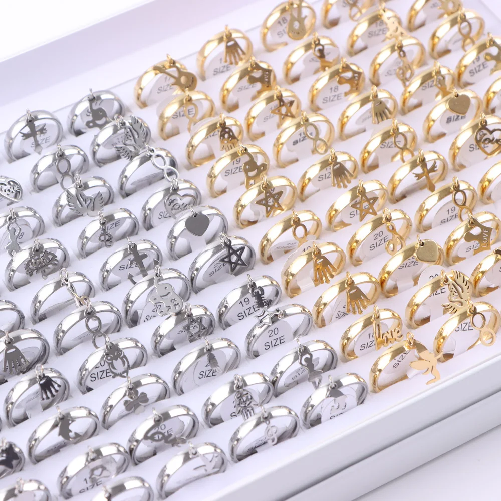 

20Pcs/Lot Fashion Star Moon Eye Cross Love Small Pendant Stainless Steel Rings for Women Couple Jewelry Accessories Party Gifts