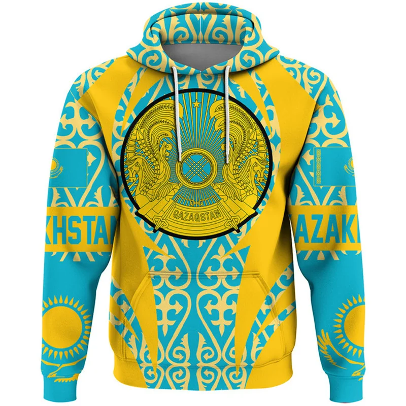 The Republic-of Kazakhstan Map Flag 3D Printing Hoodies Kazakhstan Coat Of Arms Graphic Hooded Sweatshirts Vintage Mens Clothing