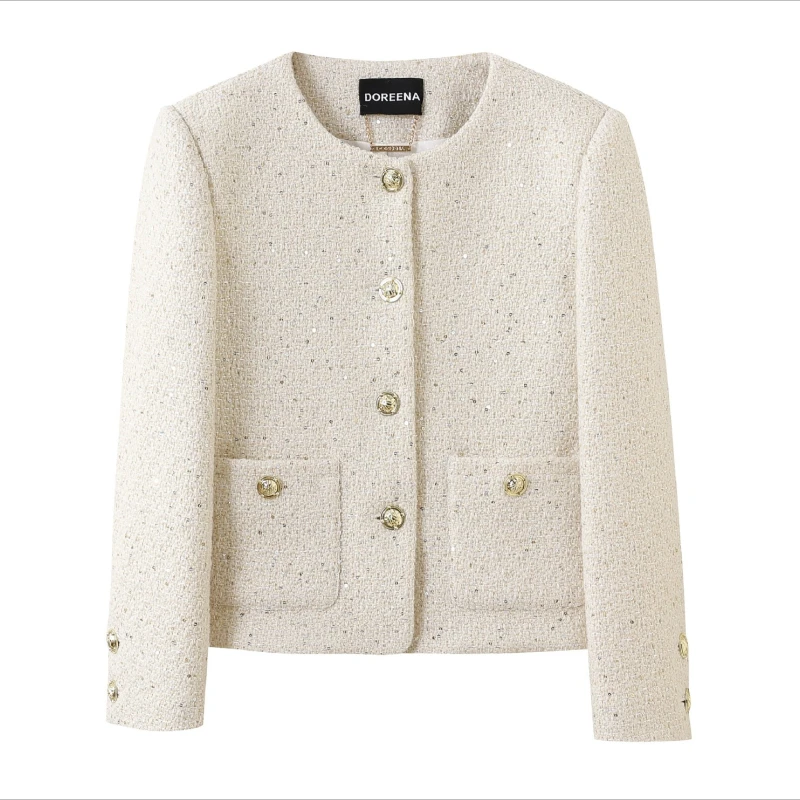 

Small Fragrance Fashion Simple Basic Beige Short Coat Women High Quality Sequined Long Sleeve French Tweed Coat Female