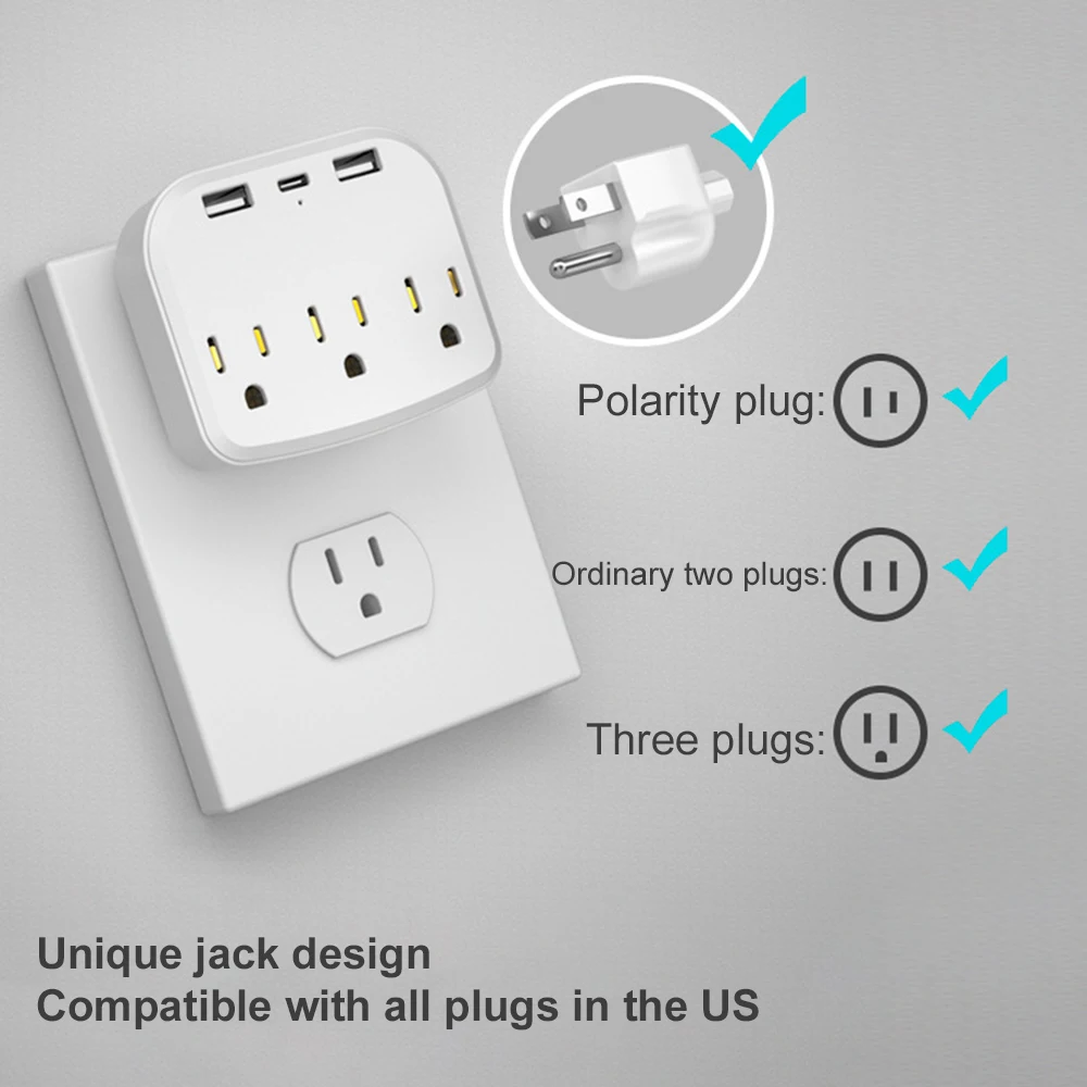 US Style Smart Socket with 3USB 3.4A Output Plug Adapter Wall Socket Charger Outlet Splitter Power Strip Compatible Extender