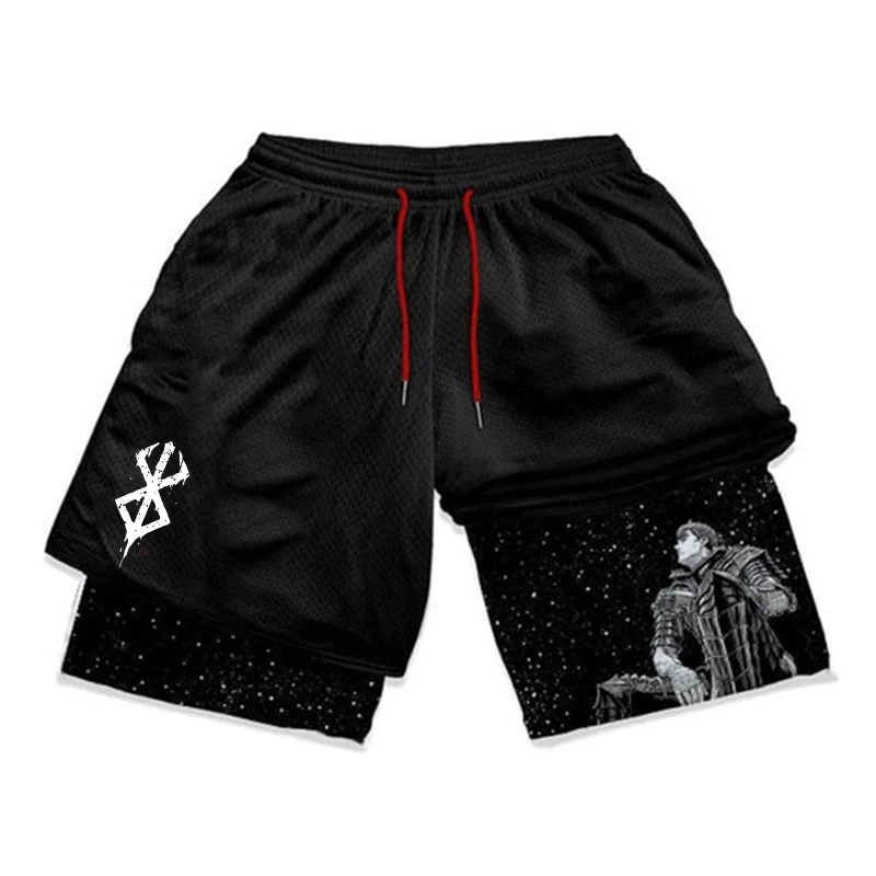 Berserk Print 2 in 1 Running Shorts for Men Gym Workout Fitness Athletic Shorts with Pockets Summer Activewear Quick Dry Stretch