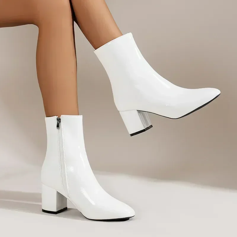 

High Quality White Ankle Boots for Women Side Zipper Stretch Middle Heel Large Short Boot Fashion Pointed Shoes Botas Para Mujer