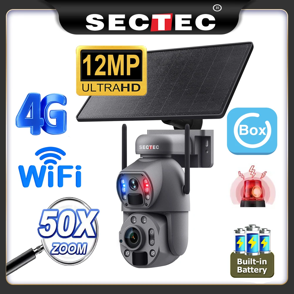

SECTEC 12MP 50X Solar Outdoor Security Camera Waterproof CCTV Camera with Night Vision PTZ Surveillance Camera for Home Yard
