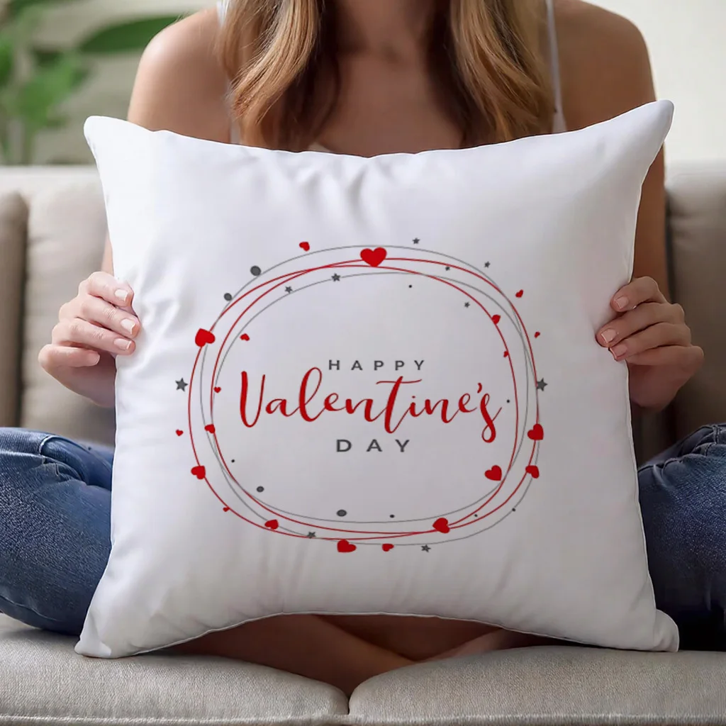 Pillow Cover Happy Valentine's Day Heart Wreath Cursive Script Red Stars Soft Polyester Zipper Machine Washable Sofa Bed Decor