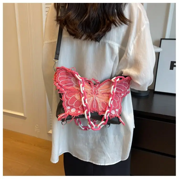 Cool Girl Underarm Bag  Bow Knot Beauty Pink Butterfly Handheld Crossbody Chain Bag  Lady Style Denim Tassel Y2K Shoulder Bag