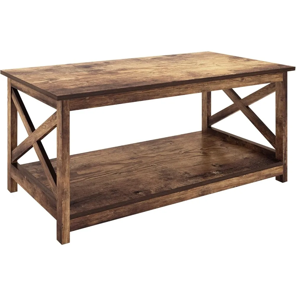 Coffee Table, Modern Farmhouse Wood Coffee Table with 2-Tier Storage