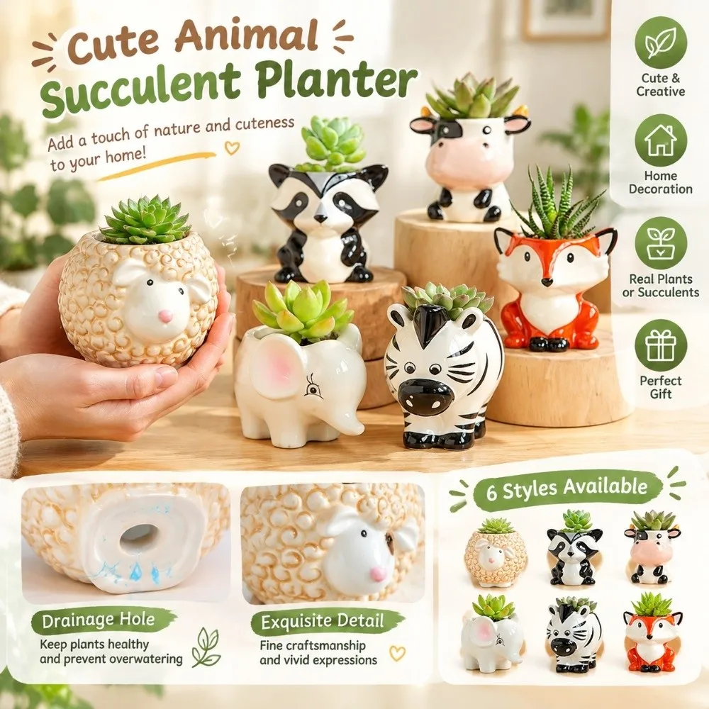 Decorative Cute Animal Ceramic Succulent Planter Ceramic Cartoon Animal Shaped Flower Pot Cow Zebra Mini Plant Pot Windowsill