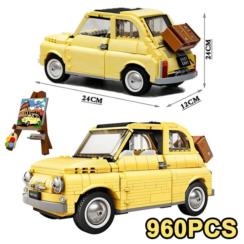 960PCS Technical Fiat 500 Building Blocks 10271 Classic Yellow Car Model Creator Assemble Vehicle Bricks Toys For Boys Kids Gift