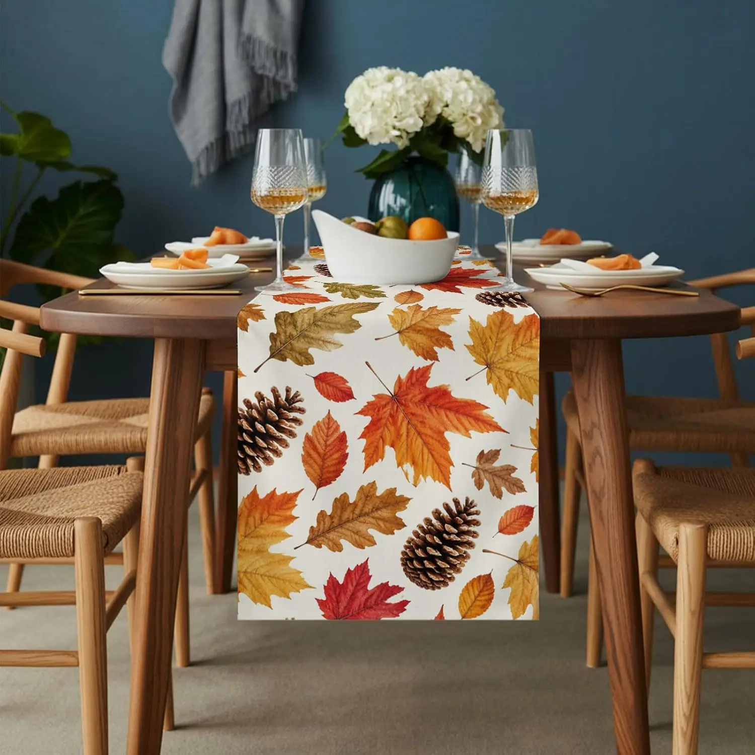 Fall Thanksgiving Pine Cone Maple Leaves Linen Table Runner Party Decor Reusable Kitchen Dinning Table Runner Autumn Decorations