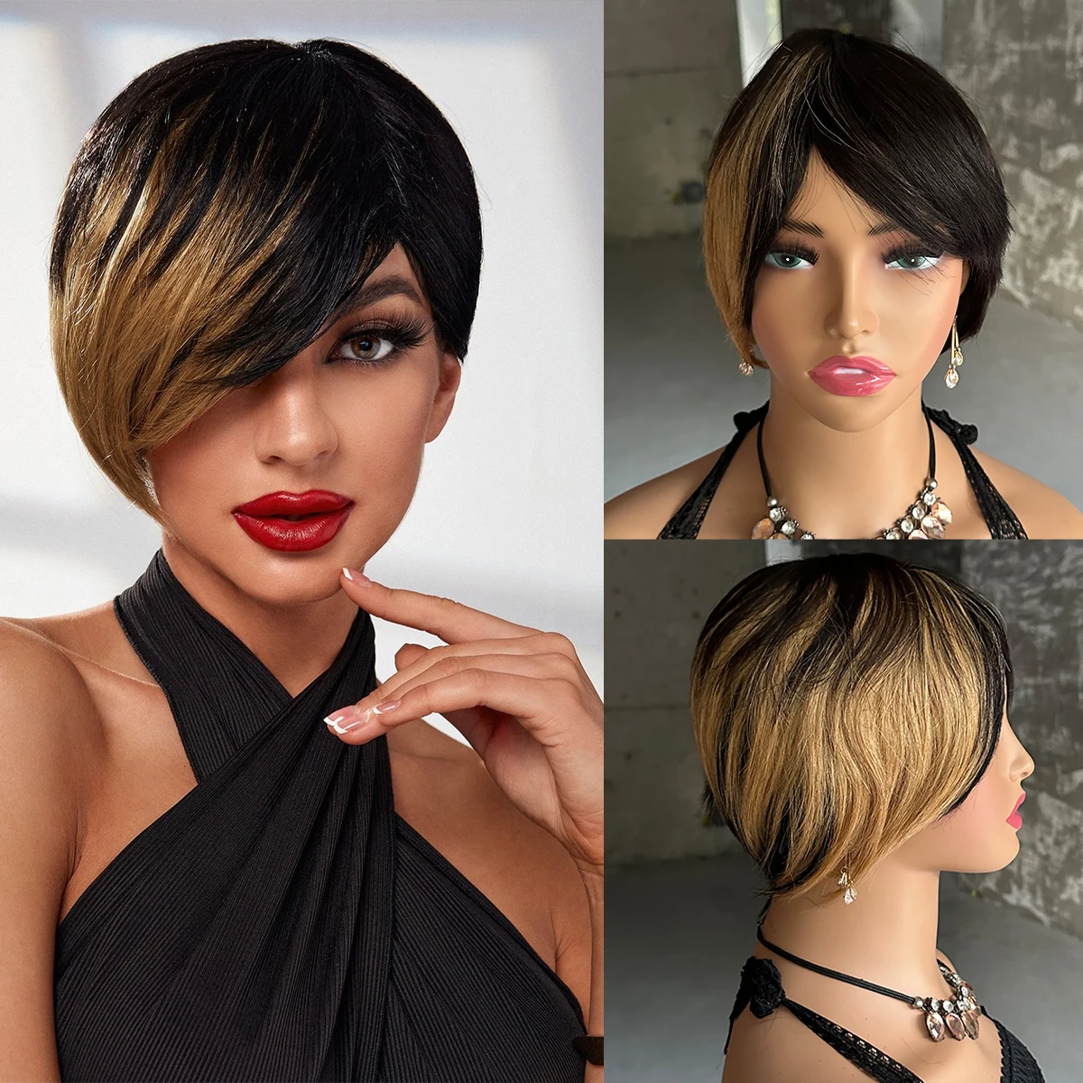 Human Hair Wig With Bangs Pixie Cut Wig Human Hair Straight Human Hair Wigs Short Wig Brazilian Hair Machine Wigs Side Part